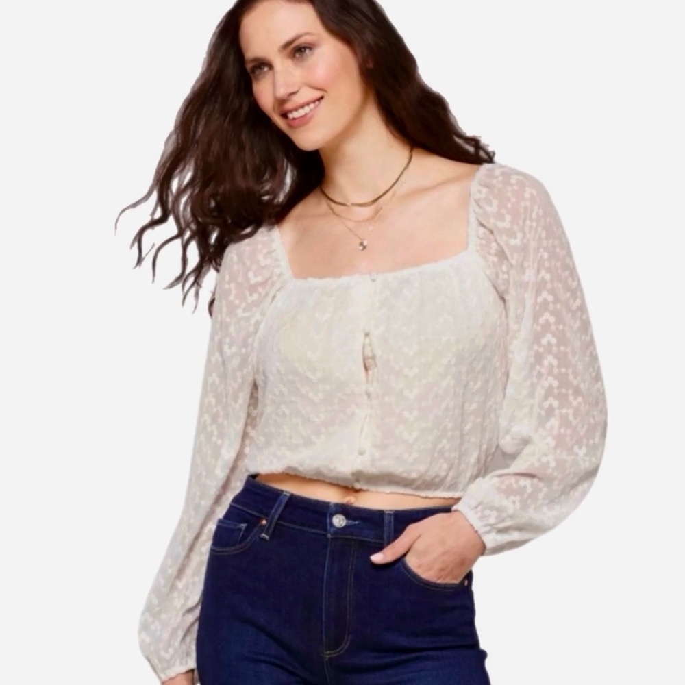 Heatherly Cottage Eyelet Crop Top Balloon Sleeve Peasant Embroidered Size XSP